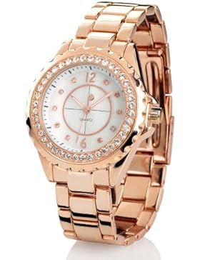 Crell Damen Armbanduhr: Elegante Quarz-Armbanduhr mit Strass, rotgold (Frauen Uhr)