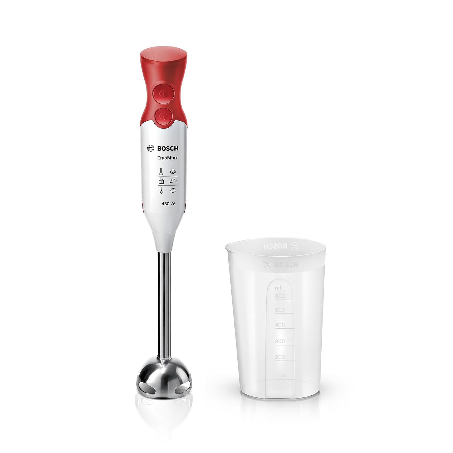 Bosch Frullatore a Immersione MSM64110, 450 W, Impugnatura Ergonomica, Piede in Acciaio Inox, Lama a 4 ali Acciaio Inox, Due Livelli di Velocità, Pratico Bicchiere Graduato Incluso, Bianco, Rosso