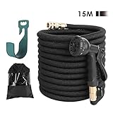 Diseño flexible - esta manguera extensible comienza a 5 m; cuando el agua se enciende, la manguera se expande rápidamente con la presión de agua (3 - 12 bar) hasta tres veces en la longitud (15 m) y vuelve a su longitud original en cuestión de minutos cuando el agua está vacía. Asegúrate de que hay suficiente presión de agua para estirar la manguera.