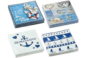 Posten Anker Lot de 4 serviettes de table en papier 3 plis Motif plage et bateaux Bleu et blanc 33 x 33 cm Décoration pour table à manger et appartement de vacances