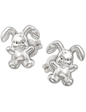 CLEVER SCHMUCK Silberne Ohrstecker kleiner Hase 7 mm niedlich mit Augen schwarz und glänzend STERLING SILBER 925