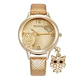 Swallowuk Damen Armbanduhr mit Eule Anhänger Einfach Mesh Metallarmband Casual Analoge Quarz Uhr (Gold)