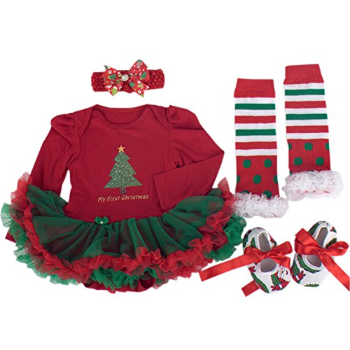 TANZKY® Baby Girls' My First Christmas Outfit 4PCs Tutu Dress Headband Shoes Leggings (9~12months)