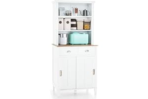 COSTWAY Kitchen Cupboard, Freestanding Storage Cabinet with Adjustable Shelves, 2 Sliding Doors, 2 Drawers & Anti-toppling Device, Pantry Sideboard Organizer Unit for Living Room Dining Room