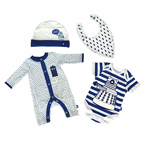 Doctor Who DW Boy's Kids Children 4 Piece Starter Set Hat BIB Bodysuit Baby Grow - BBC Official Merchandise (4 Piece Set) 100% Cotton (Newborn)