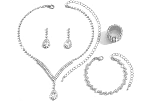Hanaoops Jewellery Sets for Women Gold Silver Sparkling Rhinestone 4 PCS Necklace Earrings Ring Bracelet Set Rhinestone Bridesmaid Bridal Prom Costume Jewelry Accessories for Wedding