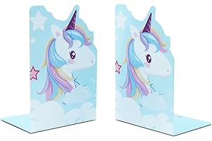 BOERNI 1 Pair Cute Unicorn Bookends,Cartoon Animal Nonskid Thickening Iron Book End Metal Bookends Desk Organizer Holder for Kid Girl Boy Book Shelves Divider Library School Office Home Decor (Blue)