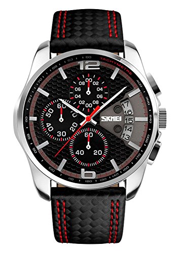 SKMEI Herren Sport Armbanduhr Leder Analog Quarz Kalender Chronograph 5ATM Wasserdicht Schwarz Rot 3108 SKMEI Herren Sport Armbanduhr Leder Analog Quarz Kalender Chronograph 5ATM Wasserdicht Schwarz Rot 3108