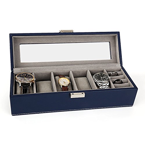 amzdeal Neueste Uhrenkasten Schmuckkasten für 6 Uhren und Ring Ohrringe mit Glasfenster - 6