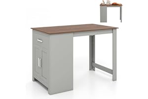 GiantexUK Rectangular Bar Table, Counter Height Table with Drawer, 3-Position Adjustable Shelf & 2 Doors, Wide Tabletop Wooden Dining Table for Home, Kitchen and Living Room (Grey)