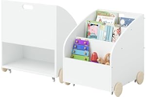 ‎BELLABINO Bellabino Towy Kinderregal – Kinder Bücherregal mit 3 Fächern – Montessori Regal Weiß - Aufbewahrungsregal Kinderzimmer mit Rollen – Spielzeugregal mit Geheimfach – Kinderbücherregal 43x40x43 cm