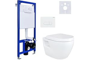 Aloni Hänge-WC Komplettset, ohne Bidet, wandhängend, glatte Sanitärkeramik, Vorwandelement 3/6 L, Tanktiefe 80 mm, Softclose Duroplast, Betätigungsplatte, leise Technik, zuverlässige Montage, Weiß