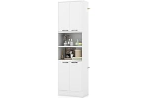TANGZON 190CM Tall Kitchen Cupboard, 4-Door Storage Cabinet with Enclosed Cabinets, Open Compartments & Anti-tipping Kits, Freestanding Wooden Tall Sideboard for Pantry Dining Living Room (White)