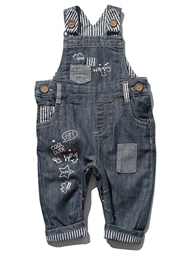 M&Co Baby Boy Cotton Blend Dark Wash Denim Sleeveless Doodle Slogan Print Full Length Dungarees Denim 9/12 Mnths