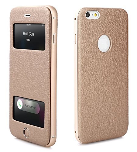 Original Binli ECHT Leder iPhone 6, 6s Schutzhülle 2 in 1 Bumper mit Sichfenster Hülle Hard Cover Flip Back Case Tasche - von OKCS - in Gold