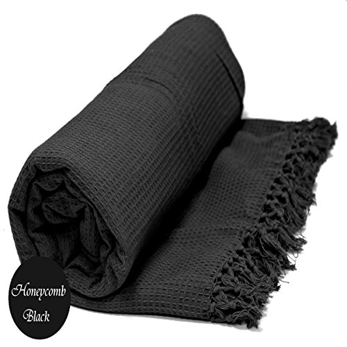 100% Cotton BLACK Honeycomb Waffle Sofa/Bed Throw, 70" x 100" (Perfect for 2/3 seater sofa/settee or