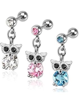 Paula & Fritz® Ohr Cartilage Hantel aus Edelstahl Chirurgenstahl 316L Anhänger Eule mit Zirkonia farblos pink...