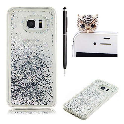 für Samsung Galaxy S7 Edge Hülle,SKYXD Glitzer Flüssig Wasser Kreativ Design Weiche Silikon Gel Gummi [Nicht Hard Case] Brillianter Leichtes Glatt Schutzhülle mit [Handyanhänger + Eingabestifte] Handy Tasche Hülle Etui für Samsung Galaxy S7 Edge Soft Shine Bling Glitter Liquid Water Folie Case Back Cover With Touch Pen Dust Plug - Silber Treibsand Sparkle