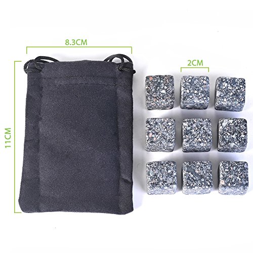 SlowTon Whisky Steine (9 Stück), Wiederverwendbare Eiswürfel aus natürlichem Granit Whiskysteine, Whisky Stones, Wiederverwendbar Kühlsteine Für Getränke, Reusable Food Grade Ice Cubes Set, für Whiskey, Wein und Mehr Eiswürfel kühlen Sie Ihre Getränke ohne Verdünnung Zange mit Gummispitze - 5