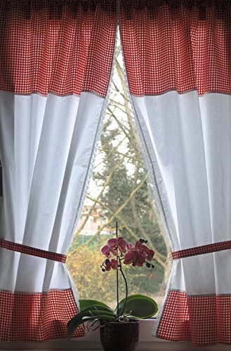 Landhaus Gardinen SET 2 St + 2 Bindebänder Rot Weiß Karo mit Spitze 140x80cm/Gesamt 160cm breit 100% Baumwolle kariert Greta