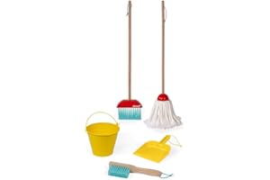 Janod - Set Pulizie Domestiche - 5 Accessori in Legno Realistici - Scopa + Scopa Lavapavimenti + Secchio + Paletta + Scopino - Giocattolo D’Imitazione in Legno per Bambini da 2 a 8 Anni, J06588