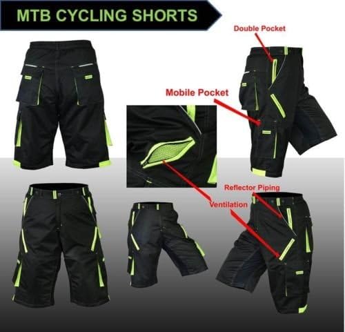 NEW Features MTB Cycling Shorts,Mountain Biking,Off Rd,Padded Inner Liner (Black/Green) Large 34"-36"(Waist))
