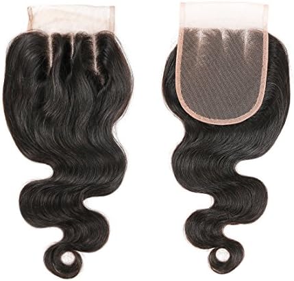 DRESSMAKER Brazilian Virgin Remy Human Hair Body Wave 4*4 Lace Closure Three Part Natural Color Hair Extension (8", 4*4 Body Wave)
