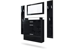 Vladon Garderobe Malea, Garderobenset bestehend aus 1 Hängeschuhschrank, 1 Wandspiegel und 2 Garderobenpaneele, Schwarz matt/Schwarz Hochglanz