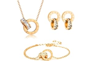RPAEOY Parure Ensemble de Bijoux Femme Chiffres Romains Cercle Zircon Cubique Acier Inoxydable Plaqué Or 18K Argent Boucles d'oreilles Bracelet Collier Élégantes Mariage Soirée Cadeau