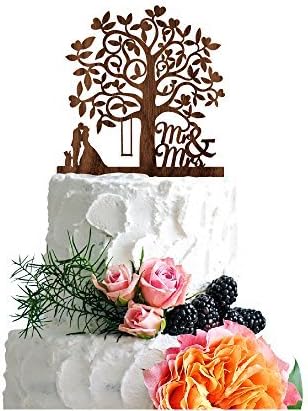 Love Tree Bride Groom Cat Wedding Cake Toppers Rustic Wood Decoration Keepsake Engagement Favors for Special Event Walnut Wood