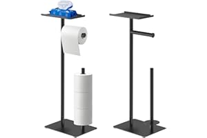Bathola Schwarz Toilettenpapierhalter mit Quadratischem Oberem Ablagefach, Toilettenpapierhalter Stehend für 4 Reserverollen, Edelstahl Klopapierhalter Ohne Bohren mit Größerem Sockel, 2-Set