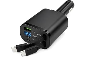 USB C billaddare 120W 4 i 1 med infällbar kabel | 12 V USB-snabbladdning med dubbel typ-C-kabel, 70 cm, 180° rotation för iPh