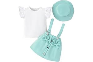 LUVCES Ensemble Bébé Fille Manches Courtes Côtelé à Volants Haut+ Bowknot Jupes à Bretelles Robe Salopette + Chapeau Elegant d'été Vêtements Set
