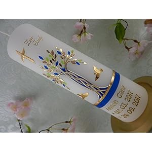 Taufkerze Lebensbaum blau grün gold Kreuz Taufkerzen Junge Mädchen 250/70 mm mit Name und Datum