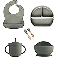 S2C 6 Pcs Silicone Baby Feeding Set, Baby Led Weaning Set, Feeding Supplies for Toddlers New Born Baby Gift Set, Suction Silicone Baby Plate with Divider,Baby Feeder,Bib,Spoon (GREY)