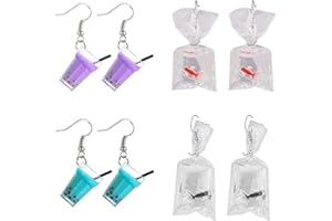 Daimay 4 Pairs Fun Goldfish and Water Bottle Charm Earrings Water Bag Shape Acrylic Drink Bottle Dangle Drop Earrings Set Creative Unique Bubble Boba Tea Dangle Earrings set for Women Girls- Style 2