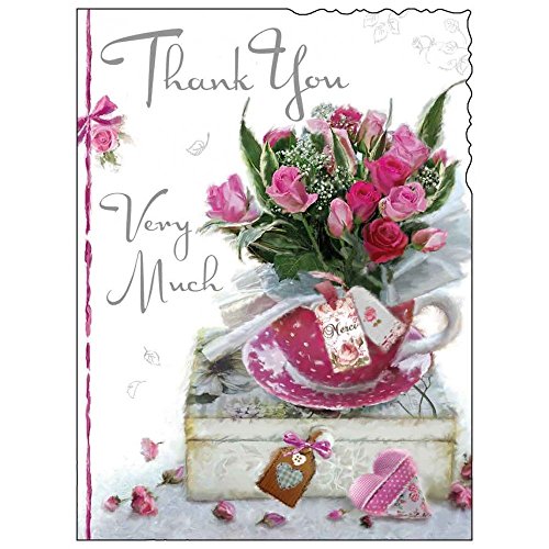 Greeting Card (JJ9265) - Thank You Very Much - Roses In A Teacup - Flittered Finish