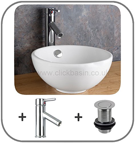 Clickbasin Stabia 31.5cm Diameter Round Countertop Ceramic Sink With Tall Tap And Waste