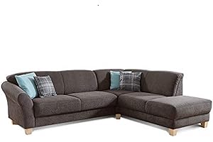 ‎CAVADORE CAVADORE Gootlaand Corner Sofa with Ottoman Right / Large Couch in Country House Style / with Spring Core / 257 x 84 x 212 / Dark Grey