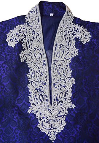Mens Jacquard Silk Kurta Pajama Salwar Kameez Sherwani Indian Outfit GR1091 (40, GR1091-BLUE)