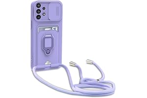 Dllatui Handyhülle Kompatibel mit Samsung Galaxy A52 5G/4G/A52s 5G Halsband Lanyard Silikonhülle,mit Kamera Schutz Schieber,Drehbarer Ständer mit Kartenfach Necklace Hülle (Lila)