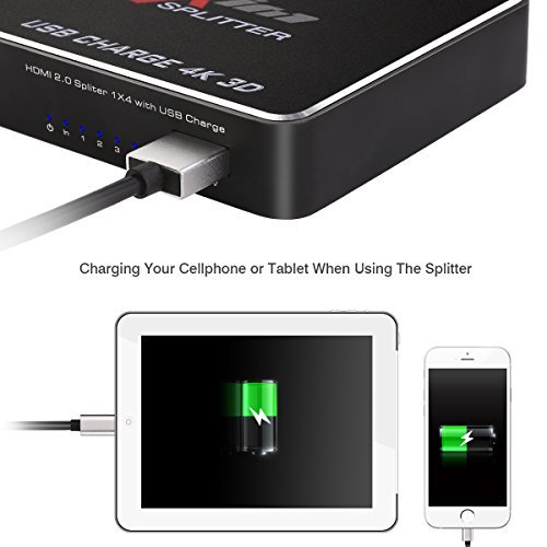 HDMI 2.0 Splitter, LiteXim 1×4 HDMI Splitter with USB Charge Powered HDMI Splitter Amplifier 1 In 4 Out Signal Distributor Certified for 4k x 2K@60Hz & 3D Support - 4
