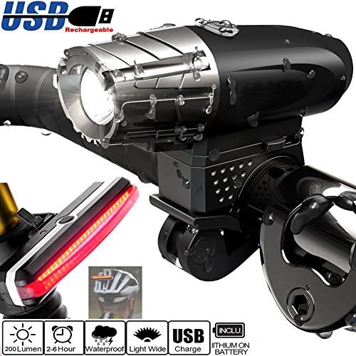 Bicycle Headlight TailLight Set - Super Bright USB Rechargeable Bike Front Light 200LM LED &amp; Rear Bike Tail Light - Water Resistant - for MTB &amp; Road Bike Helmets,backpack
