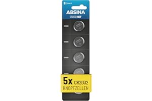 ABSINA Knopfzellen CR2032 3V 5er Pack - Batterien CR2032 auslaufsicher & mit Langer Haltbarkeit - CR 2032, CR 2032 Lithium Batterien, CR 2032 3V Knopfzellen - Knopfzelle für Autoschlüssen UVM