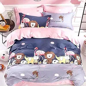 Kids Cartoon 144 TC Queen Size Glace Cotton Double Bed Kids bedsheet with 2 Pillow Covers ( 90*100 ) Inches | Bedsheet for Kids & Girls Room | shophox (Animals Pattern)