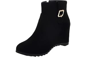 IQYU Zip Short Boots For Women Inside High Slope Heel Boots Ladies' Solid Color Belt Buckle Boot Fashion Inner Heightening Wedge Heel Shoes Side Zipper Suede Short Shoe With Buckle Warm