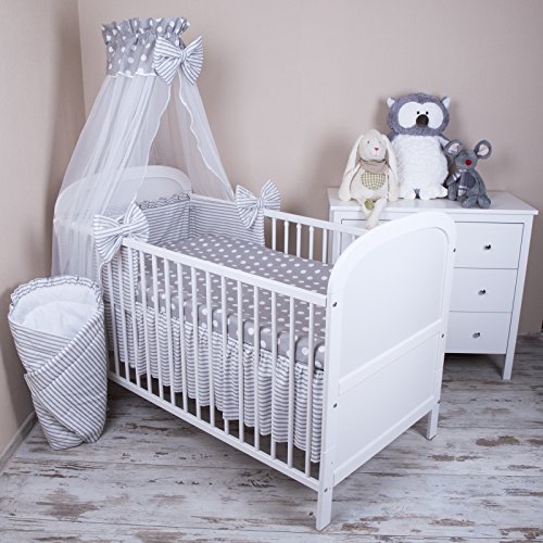 Baby Bettwäsche 5tlg Bettset mit Nestchen Kinderbettwäsche Himmel 100x135cm NEU Pünktchen grau Chiffonhimmel