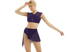 ‎AGOKY Agoky Damen Ballett Trikot Spitzen Body Sport Crop Top mit asymmetrischem Tanz Rock Dance Slip Ballettkleid ärmellos Ballettanzug Tanzkleid gr.XS-XL