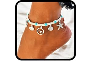 Handcess Bracelet de cheville bohème turquoise en forme d'étoile de mer avec chaîne de pied ondulée pour femmes et filles