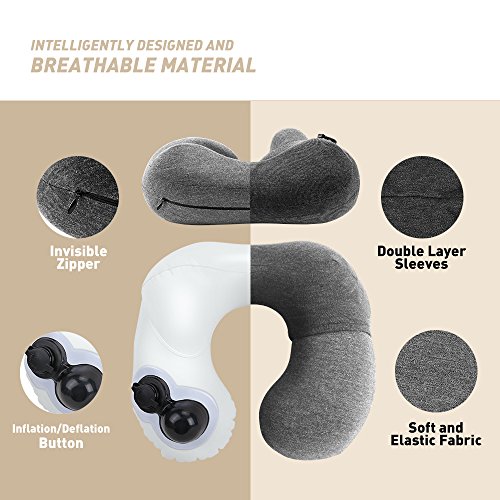 Plemo Reisekissen Aufblasbares Nackenkissen Nackenhörchen mit ergonomischer Stützfunktion, Baumwolle Bezug, patentiertem Aufblastechnik und Tragetasche für Büro, Reisen und Badewanne - 3